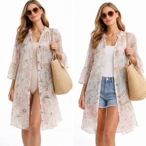 Lucky Brand Sheer Floral Cover Up Tunic Dress XL Ruffle Sleeve Boho Beach 💚🎀